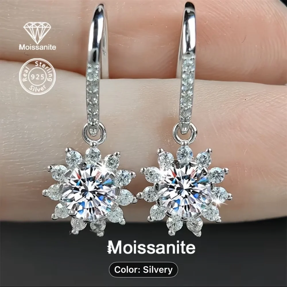 Sterling Silver Moissanite Snowflake Drop Earrings in Silver